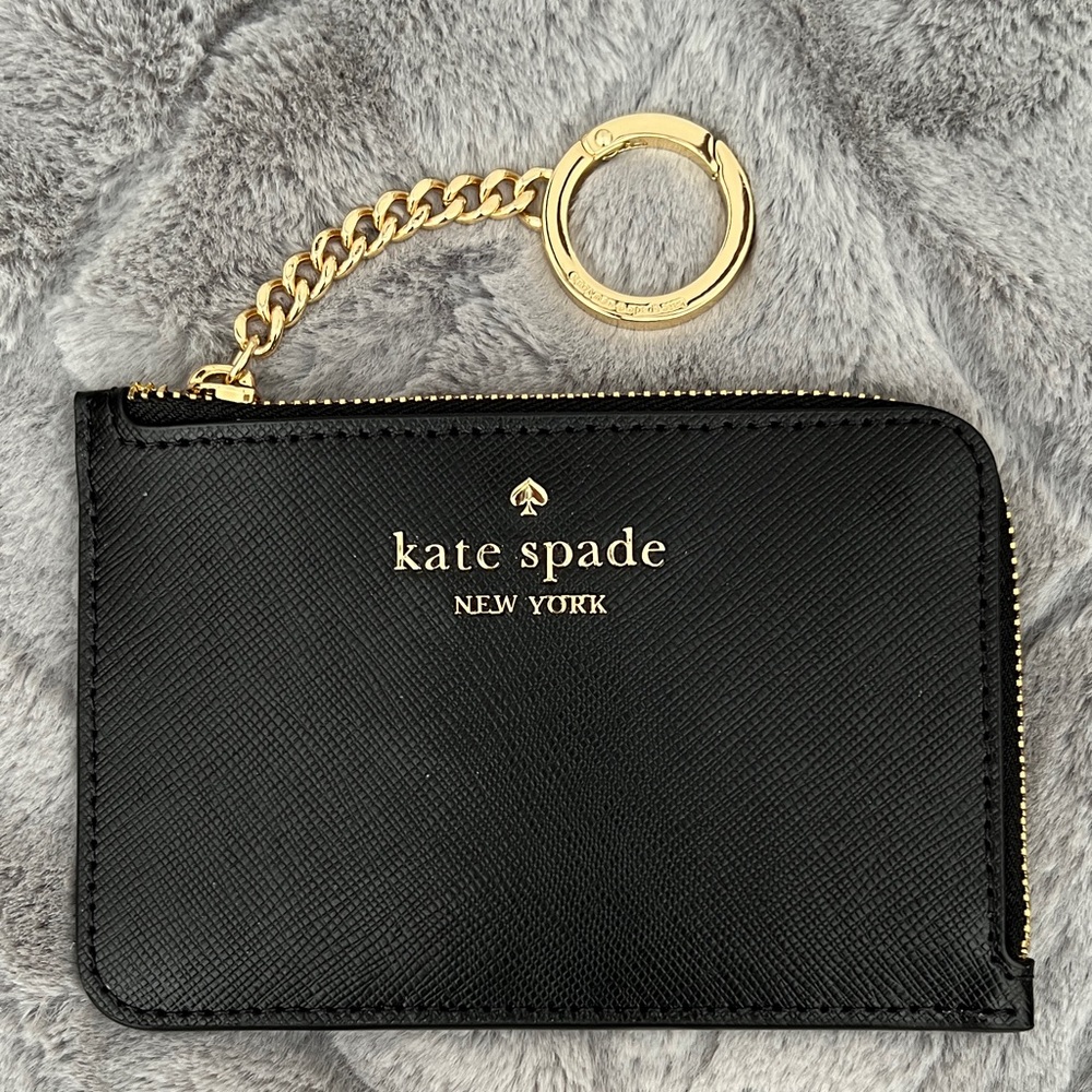 Kate Spade Black Leather Zip Card Case with Gold Keyring PERFECT NEW NWOT